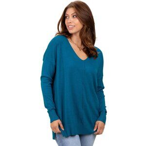 Zenana Front Seam V Neck Side Slit Sweater Plus Size 2X Relaxed Fit Cozy Lounge